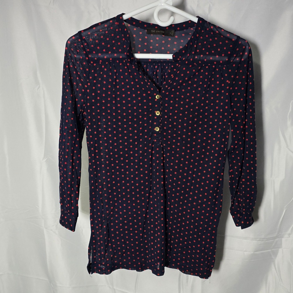 The Limited‎ Womens Small Navy Blue Red Polka Dot Sheer Henley Blouse 3/4 Sleeve